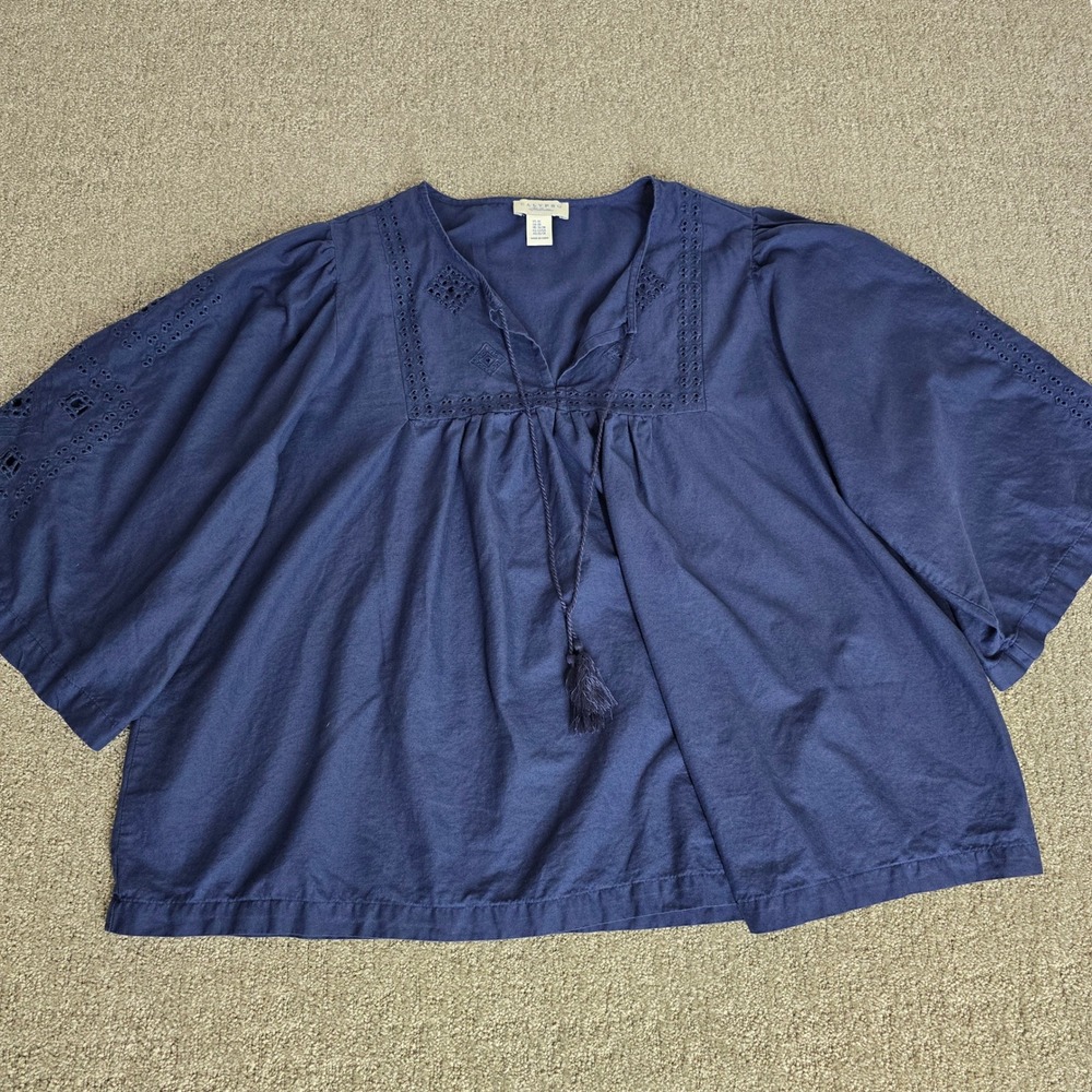 Calypso St Barth Boho Navy Blue Eyelet Cotton Linen Peasant Blouse Top 3X
